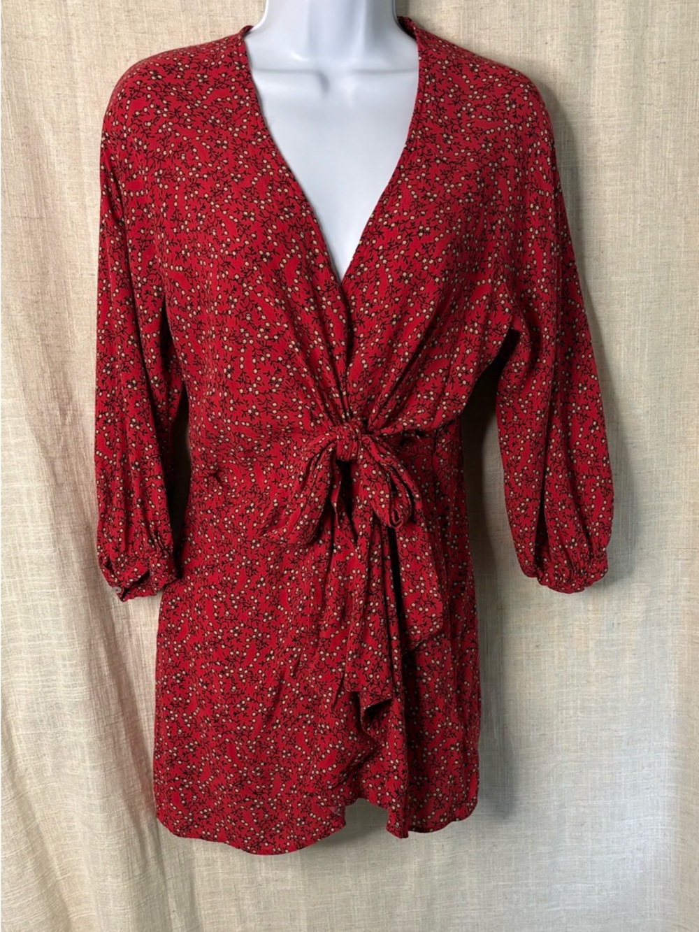 Free People Clara Red Floral Tie Front Mini Dress/Tunic - Size Medium